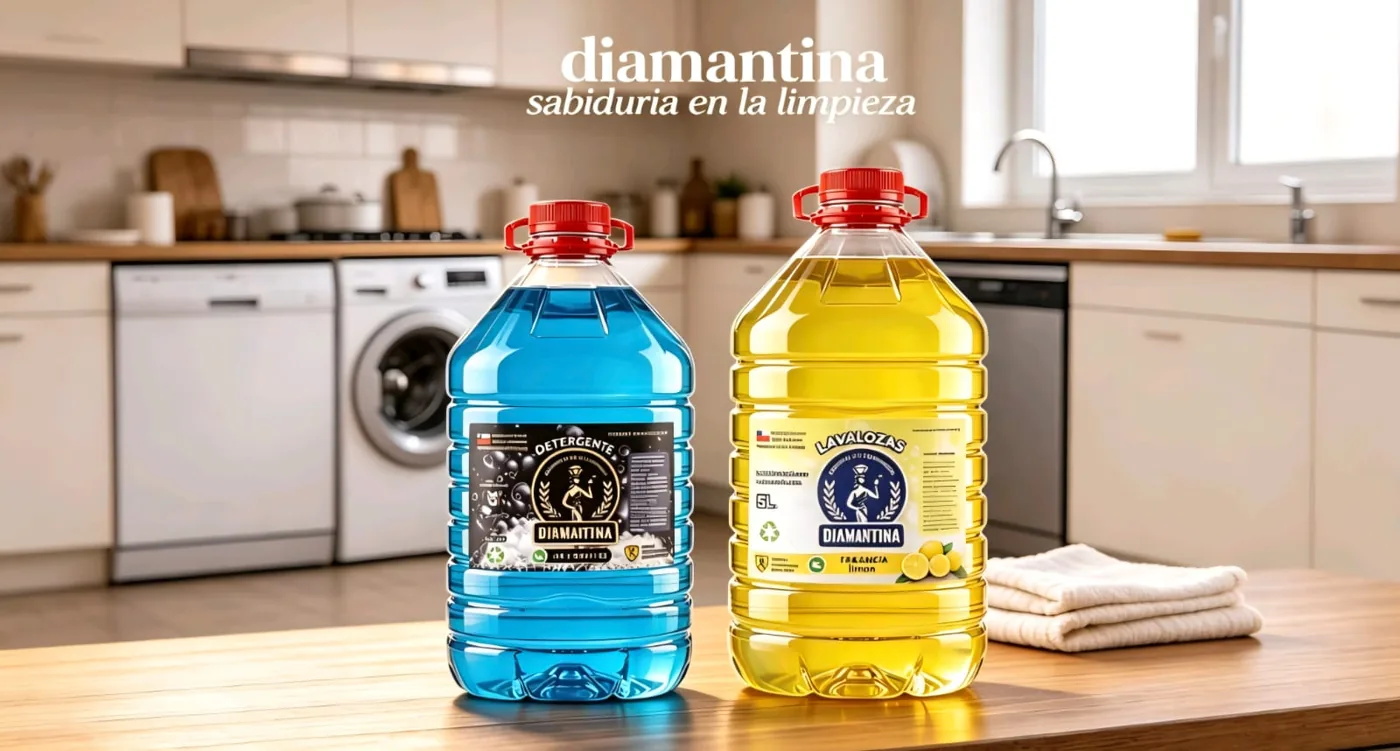 Detergente y lavalozas Diamantina en una lavandería luminosa